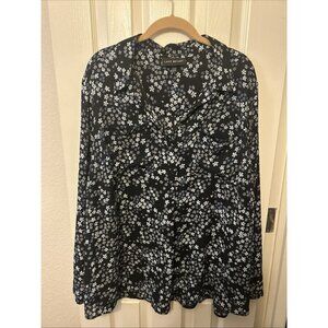 Lane Bryant Women Sz 18/20 Blue Blue Button Shirt Top Blouse Floral Long Sleeve